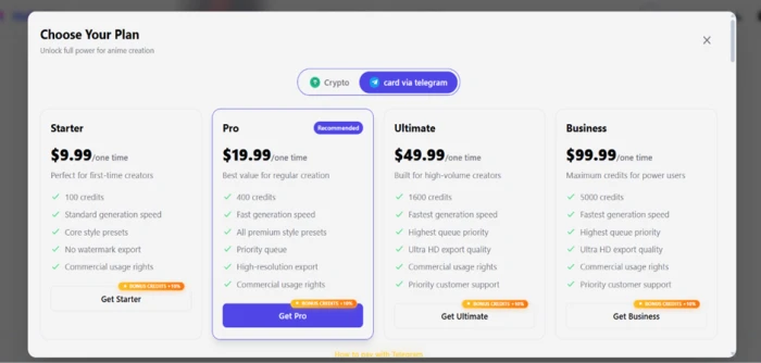 Upgrade modal blocking video generation, headed with anime creation copy and offering crypto or card via telegram as the only payment routes