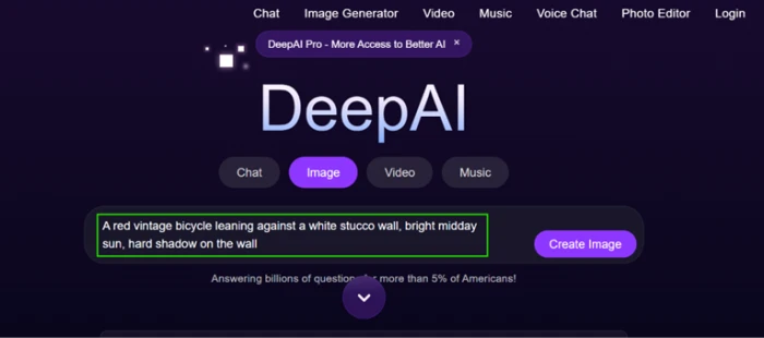 DeepAI homepage prompt box with the red bicycle control prompt typed in, Login button visible top right in a logged-out private window
