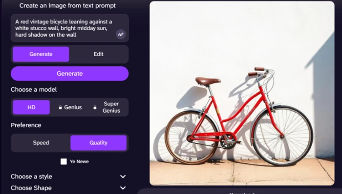 Photorealistic AI-generated image of a red bicycle against a white stucco wall with hard midday shadow, DeepAI model selector and Preference toggle visible on the left