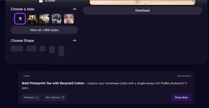 Sponsored PUMA product listing displayed directly below the DeepAI generation controls with thumbs-up and thumbs-down relevance rating buttons