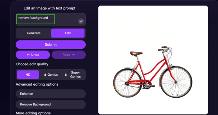Bicycle isolated on a flat white background after DeepAI background removal, hard shadow and stucco wall both stripped out