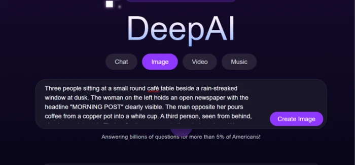 Multi-element stress prompt entered in the DeepAI generation box specifying three people, a legible headline, copper pot pour and rain reflections