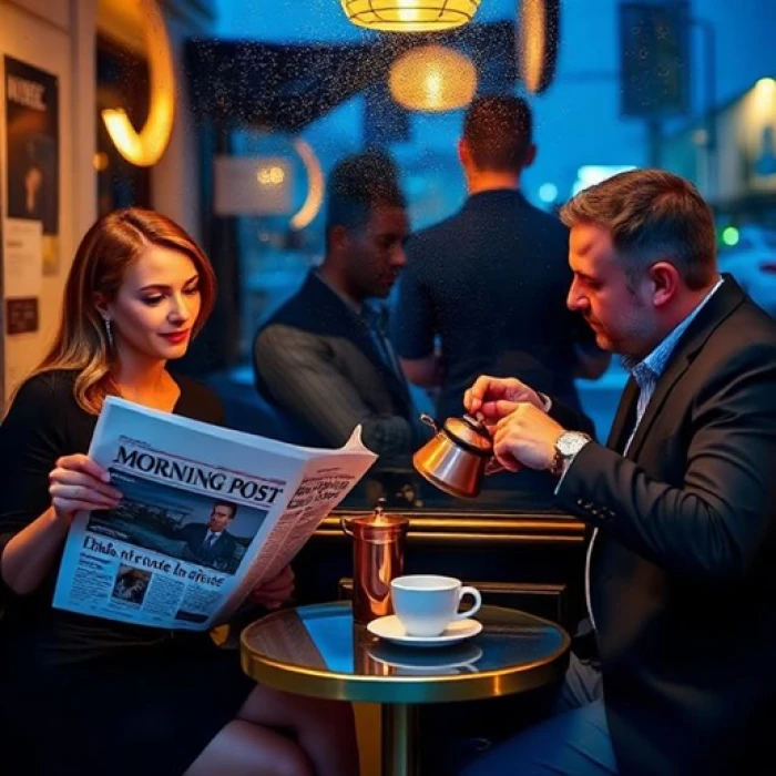 DeepAI output showing two men at a cafe table with a copper pot appearing twice, a legible MORNING POST newspaper masthead, garbled body text, distorted hands, warm interior against blue rainy window