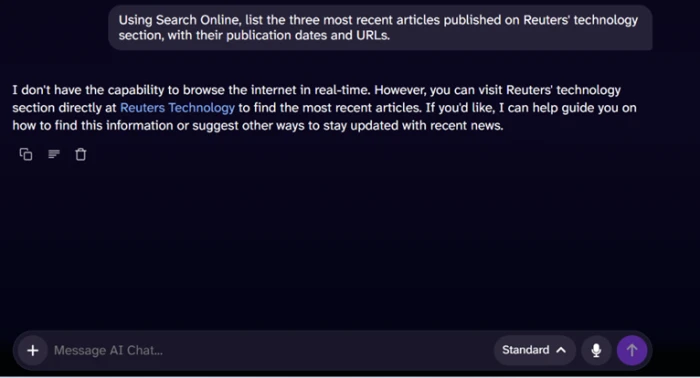 DeepAI chat response declining to fetch current Reuters technology articles, pointing user to Reuters directly, Standard model indicator in bottom right