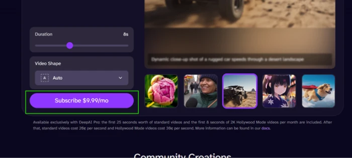 DeepAI video generator screen showing subscribe button at 9.99 dollars per month with fine print listing Pro allowances of 25 seconds standard video and 8 seconds Hollywood Mode video