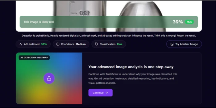 DeepAI detector result for a genuine photograph, classification Real, AI likelihood 30 percent, confidence rated Medium, heatmap panel locked below result