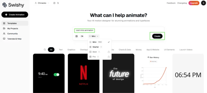 Swishy create bar with the model selector dropdown open showing Mini, Starter, Best and Pro tiers