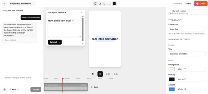Swishy preview showing the words cool intro animation rendered as on-screen text revealed one word at a time