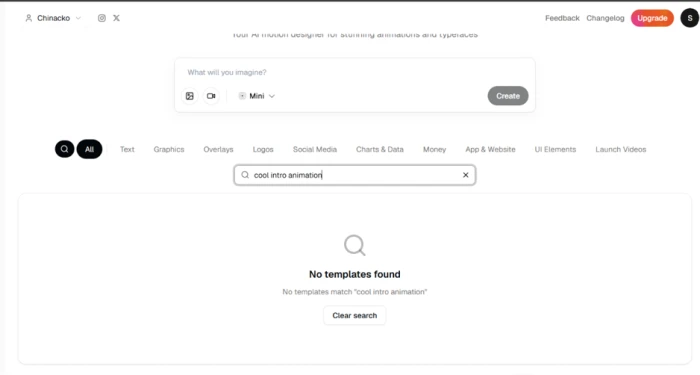 Swishy template search field with the phrase cool intro animation entered and an empty results area