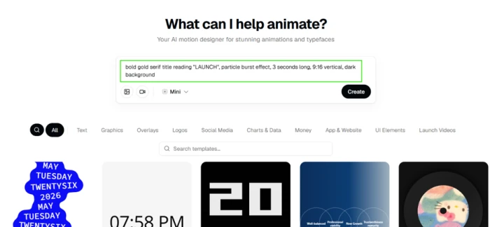 Swishy create bar containing the detailed LAUNCH prompt with font, effect, duration, aspect ratio and background specified