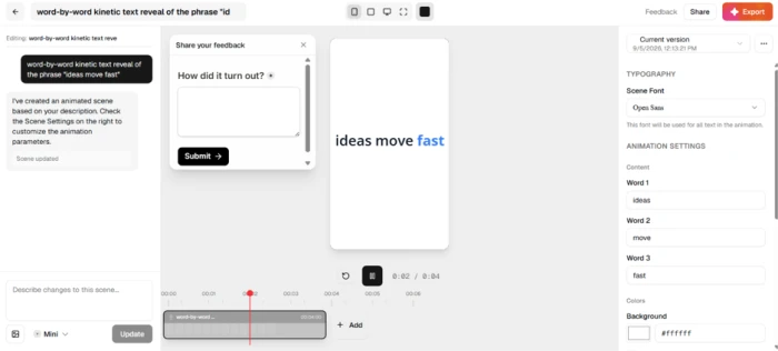 Swishy editor showing the phrase ideas move fast split into three separate editable text fields in the right-hand panel