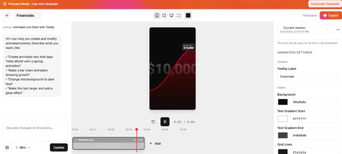 Swishy editor with a duplicated Financials template open and the parameter panel showing hex color fields, font dropdown, duration slider and text inputs