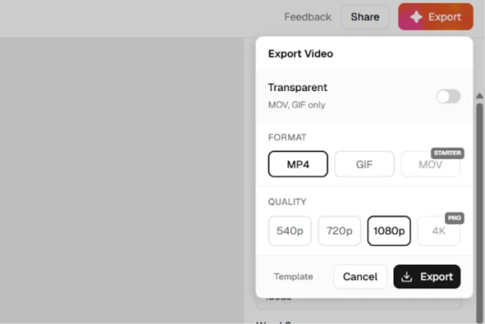 Swishy export dialog listing MP4, GIF and MOV formats with quality options up to 4K and a locked transparent background toggle