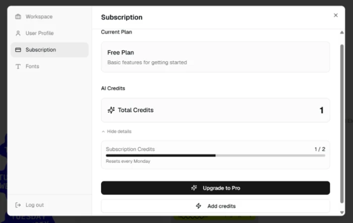 Swishy credit panel showing 1 of 2 credits remaining after the failed Starter generation