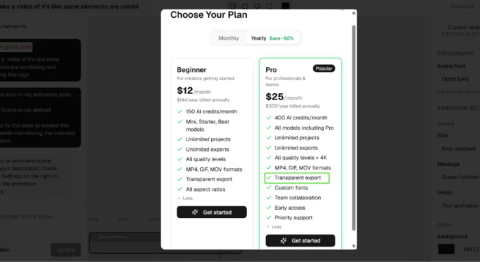 Swishy plan comparison modal opened from the export dialog, listing Beginner and Pro tiers with their feature checklists