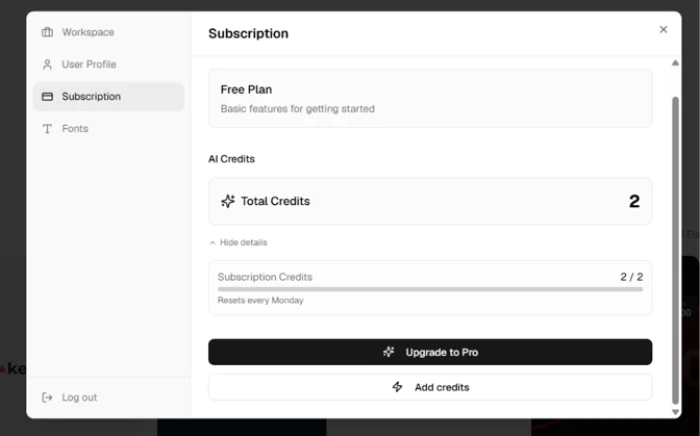 Swishy account credit panel showing 2 of 2 subscription credits remaining with a note that credits reset every Monday