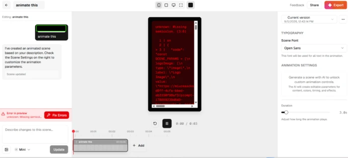Swishy preview area filled with raw scene code and an error reading unknown: Missing semicolon (3:8) beside a Fix Errors button