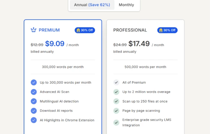 GPTZero Premium and Professional plan cards on the annual billing view, each showing a 30 percent off badge over a struck-through price