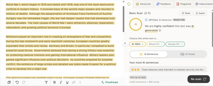 GPTZero result screen showing an unedited ChatGPT essay scored 100 percent AI with zero percent human and mixed