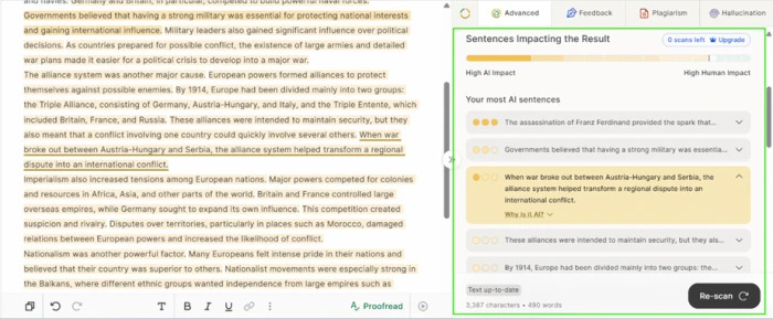 GPTZero Advanced Scan tab ranking individual sentences by how strongly each pushed the verdict toward AI