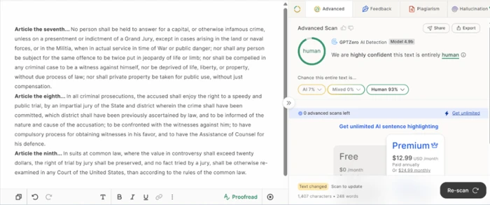 GPTZero scoring 248 words of the Bill of Rights as 93 percent human with a highly confident human verdict