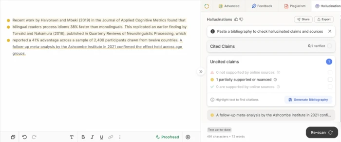 GPTZero Hallucination tab reporting zero unsupported claims after scanning a passage built on three invented citations