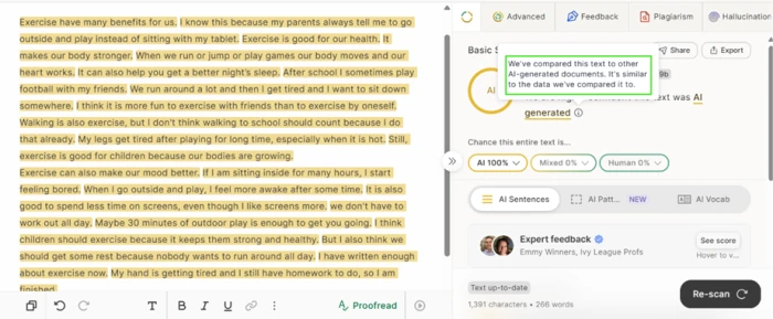 GPTZero scoring 266 words of simple hand-written text about exercise as 100 percent AI generated