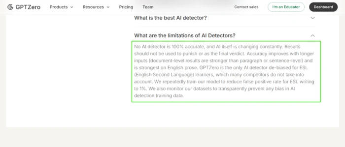 GPTZero FAQ statement that no AI detector is fully accurate and that results should not be used to punish anyone