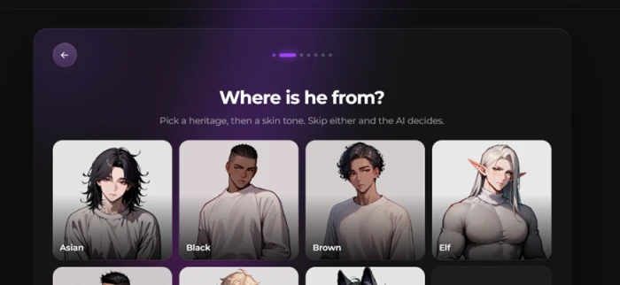 Step two of the Secrets AI character builder asking for heritage and skin tone