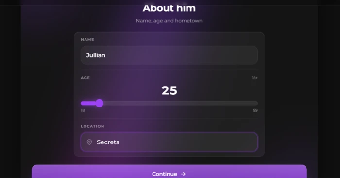 The sixth character-builder screen showing a name field and age slider above a location box