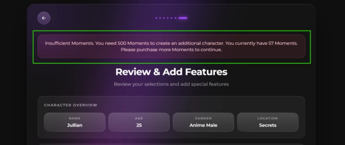 Secrets AI paywall appearing on the review screen, charging 500 Moments to save an additional character