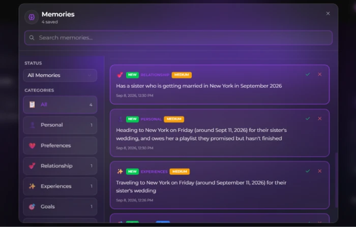 Secrets AI Memories panel showing four saved entries from one message with the wedding logged three times