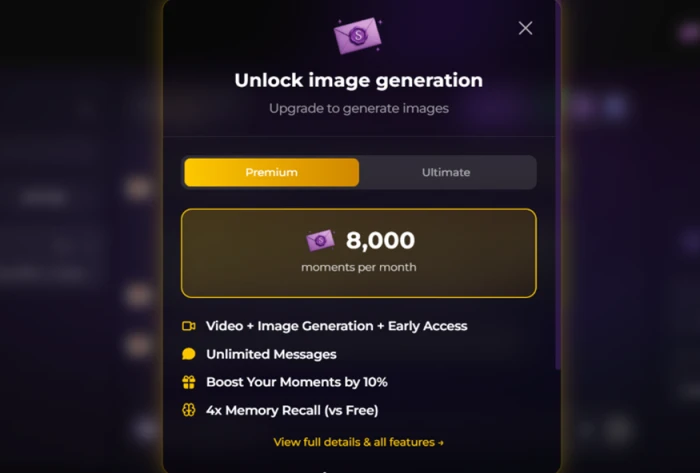 Secrets AI upgrade popup advertising four times the memory recall over the free tier