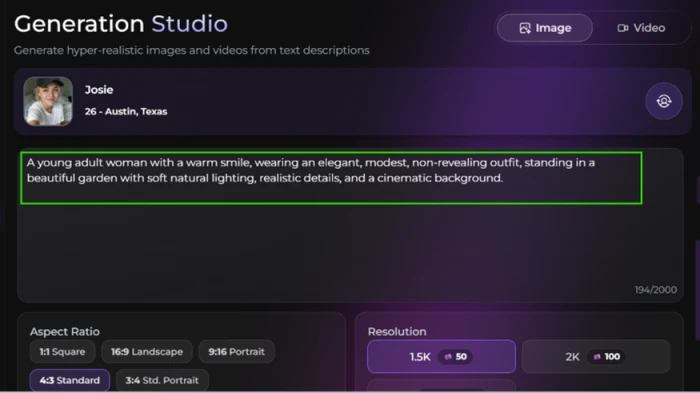 Secrets AI Generation Studio showing per-resolution Moment pricing beside the prompt box