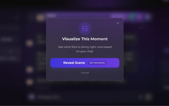 An in-chat image request in Secrets AI carrying the same 50 Moment charge as the Generation Studio