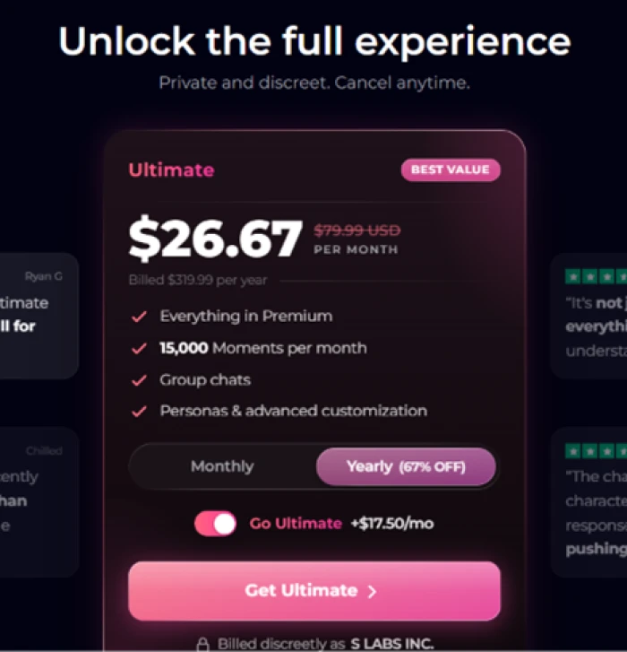 Secrets AI Premium upgrade screen listing 9.17 dollars per month billed yearly with 8,000 Moments