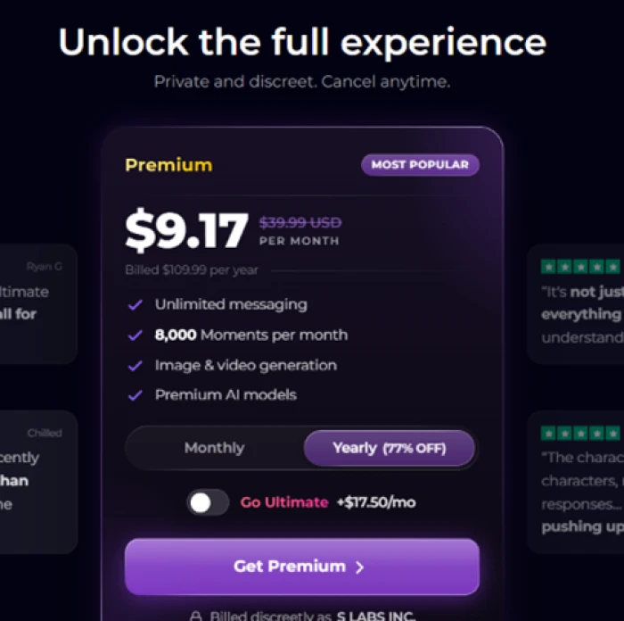 Secrets AI Ultimate upgrade screen listing 26.67 dollars per month billed yearly with 15,000 Moments