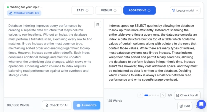 Phrasly humanizer on Aggressive mode turning an 88-word input into a 125-word output