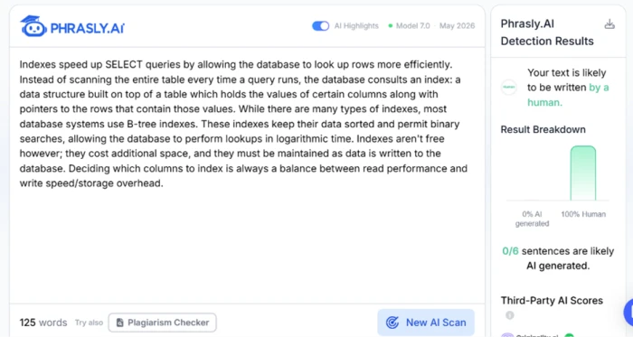 Phrasly detector rescoring the humanized technical passage as 100% human with zero of six sentences flagged