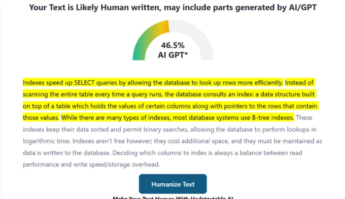 ZeroGPT scoring the humanized technical passage at 46.5% AI