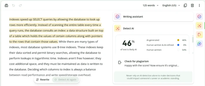 QuillBot AI detector scoring the same humanized passage at 46% AI