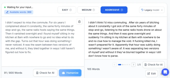 Phrasly humanizer variation one of five adding a profane emotional sentence not present in the original personal essay