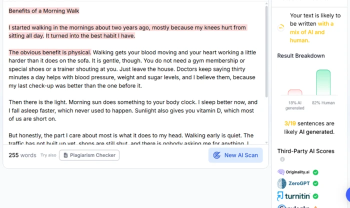 Phrasly detector rating the untouched AI essay 82% human and flagging only 3 of 19 sentences