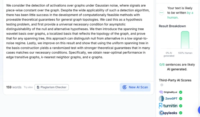Phrasly detector correctly rating a 2012 arXiv abstract as 100% human