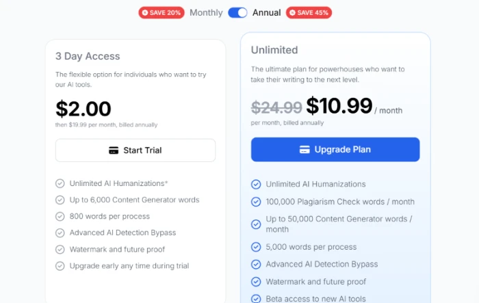 Phrasly annual pricing view showing the 3 Day Access trial at two dollars beside the Unlimited plan at ten ninety-nine per month