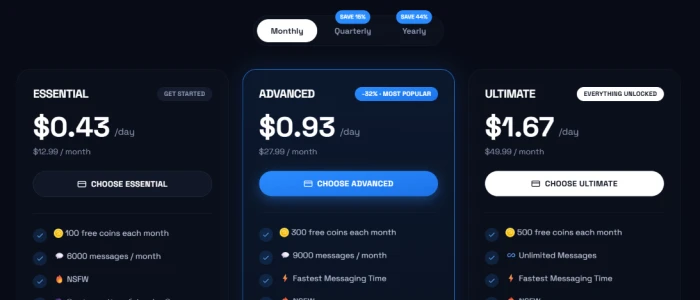 DarLink AI plan selection page showing monthly quarterly and yearly billing toggle above Essential Advanced and Ultimate subscription tiers with daily and monthly prices coin allowances message limits and NSFW access listed for each tier