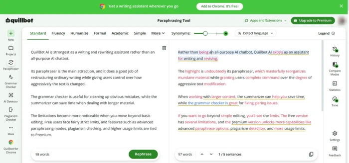 QuillBot paraphraser with source text on the left and rewritten output on the right, colour coding marking changed words and restructured phrases