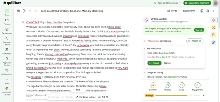QuillBot grammar checker showing an uploaded 735 word document with 78 corrections listed and scores for grammar, fluency, clarity and engagement