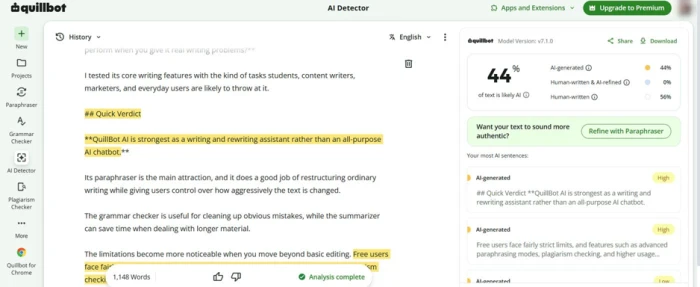 QuillBot AI detector results showing 1,148 words analysed, a 44 percent likely AI verdict, and a panel listing the sentences rated most machine-like
