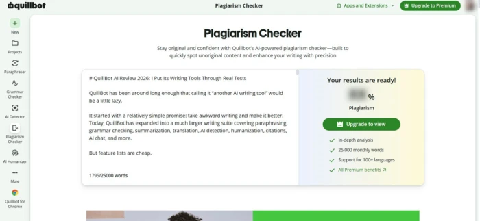 QuillBot plagiarism checker results panel announcing the report is ready with the similarity percentage blurred behind an Upgrade to view button